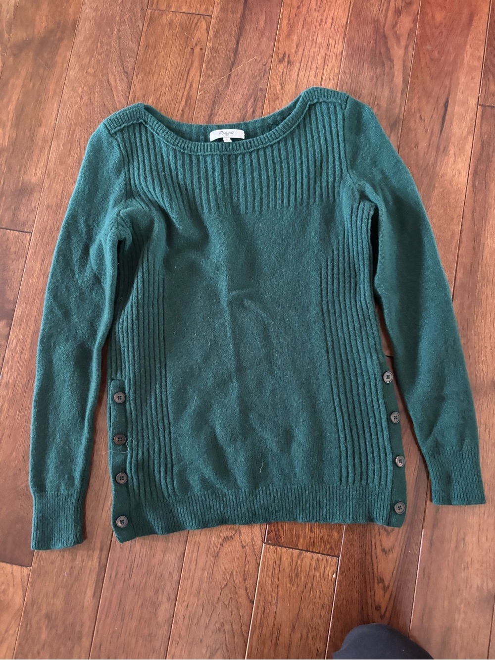 Madewell Forest Green Ribbed Crewneck Sweater with Side Buttons